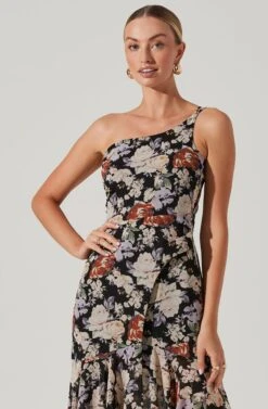 Emmylou Floral One Shoulder Midi Dress -Sun Gaia Dresses Shop ADR101528 BLACKFLORAL 3
