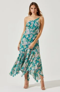 Emmylou Floral One Shoulder Midi Dress -Sun Gaia Dresses Shop ADR101528 GREENPURPLEFLORAL 2