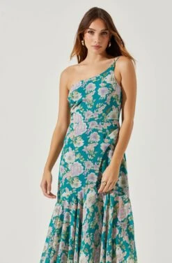 Emmylou Floral One Shoulder Midi Dress -Sun Gaia Dresses Shop ADR101528 GREENPURPLEFLORAL 3