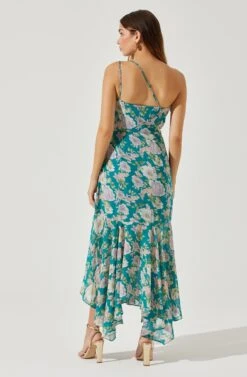 Emmylou Floral One Shoulder Midi Dress -Sun Gaia Dresses Shop ADR101528 GREENPURPLEFLORAL 5