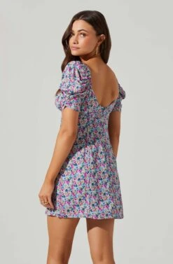 Floral Square Neck Puff Sleeve Mini Dress -Sun Gaia Dresses Shop ADR101546 BLUEFUCHSIAFLORAL 3