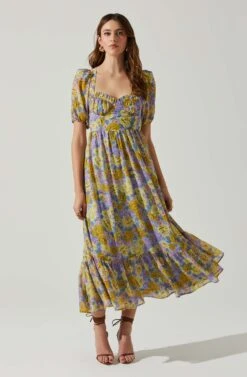 Floral Sweetheart Neck Midi Dress -Sun Gaia Dresses Shop ADR101552 GOLDPURPLEFLORAL 1
