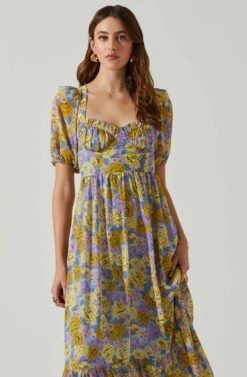 Floral Sweetheart Neck Midi Dress -Sun Gaia Dresses Shop ADR101552 GOLDPURPLEFLORAL 3