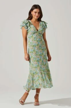 Celestine Floral Ruffle Midi Dress -Sun Gaia Dresses Shop ADR101613 GREENBLUEFLORAL 1