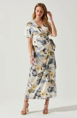 Floral Short Sleeve Wrap Front Maxi Dress 10 Floral Short Sleeve Wrap Front Maxi Dress -Sun Gaia Dresses Shop ADR101628 CHARCOALTAUPEFL 2