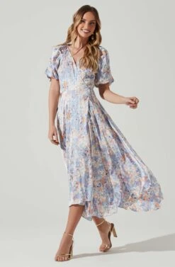 Satin Floral Bubble Sleeve Wrap Midi Dress -Sun Gaia Dresses Shop ADR101664 BLUEMULTIFLORAL 1