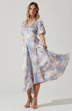 Satin Floral Bubble Sleeve Wrap Midi Dress
