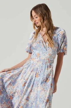Satin Floral Bubble Sleeve Wrap Midi Dress -Sun Gaia Dresses Shop ADR101664 BLUEMULTIFLORAL 3