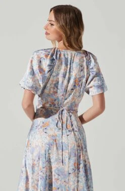 Satin Floral Bubble Sleeve Wrap Midi Dress -Sun Gaia Dresses Shop ADR101664 BLUEMULTIFLORAL 5