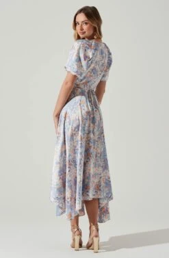 Satin Floral Bubble Sleeve Wrap Midi Dress -Sun Gaia Dresses Shop ADR101664 BLUEMULTIFLORAL 6