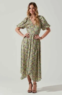 Satin Floral Bubble Sleeve Wrap Midi Dress -Sun Gaia Dresses Shop ADR101664 PINKGREENMULTI 1