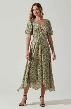 Satin Floral Bubble Sleeve Wrap Midi Dress -Sun Gaia Dresses Shop ADR101664 PINKGREENMULTI 2