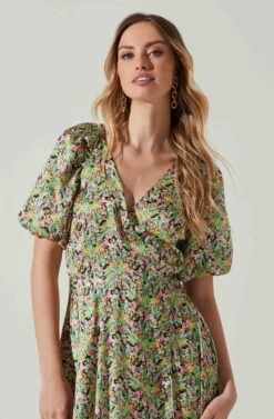 Satin Floral Bubble Sleeve Wrap Midi Dress -Sun Gaia Dresses Shop ADR101664 PINKGREENMULTI 3