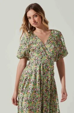 Satin Floral Bubble Sleeve Wrap Midi Dress -Sun Gaia Dresses Shop ADR101664 PINKGREENMULTI 4
