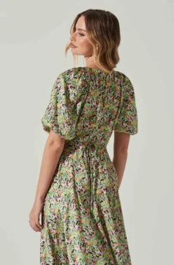 Satin Floral Bubble Sleeve Wrap Midi Dress -Sun Gaia Dresses Shop ADR101664 PINKGREENMULTI 5
