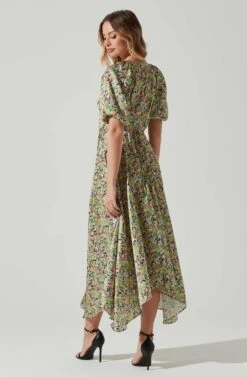 Satin Floral Bubble Sleeve Wrap Midi Dress -Sun Gaia Dresses Shop ADR101664 PINKGREENMULTI 6
