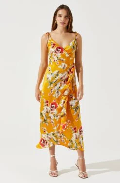 Satin Front Tie Wrap Floral Midi Dress -Sun Gaia Dresses Shop ADR101683 YELLOWFLORAL 1