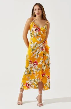 Satin Front Tie Wrap Floral Midi Dress -Sun Gaia Dresses Shop ADR101683 YELLOWFLORAL 2