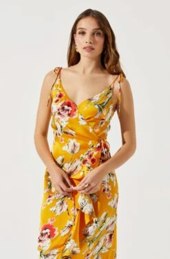 Satin Front Tie Wrap Floral Midi Dress -Sun Gaia Dresses Shop ADR101683 YELLOWFLORAL 3