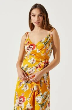 Satin Front Tie Wrap Floral Midi Dress -Sun Gaia Dresses Shop ADR101683 YELLOWFLORAL 4