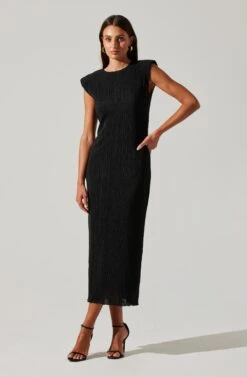 Plisse Straight Neck Midi Dress -Sun Gaia Dresses Shop ADR101830 BLACK 1