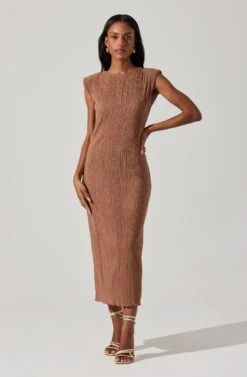 Plisse Straight Neck Midi Dress -Sun Gaia Dresses Shop ADR101830 BROWN 1