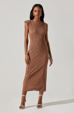 Plisse Straight Neck Midi Dress -Sun Gaia Dresses Shop ADR101830 BROWN 3