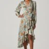 Floral Satin Wrap Long Sleeve Midi Dress -Sun Gaia Dresses Shop ADR101864 DUSTYBLUEMULTIFRL 1