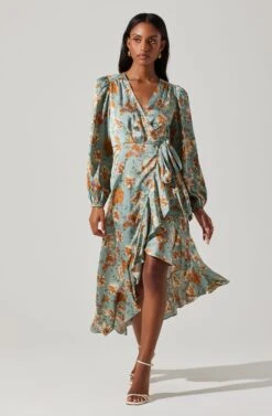 Floral Satin Wrap Long Sleeve Midi Dress -Sun Gaia Dresses Shop ADR101864 DUSTYBLUEMULTIFRL 3