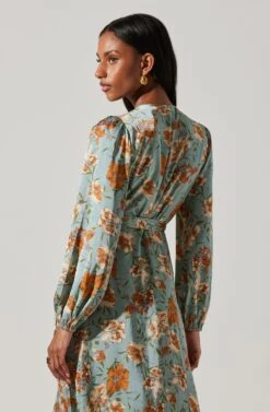 Floral Satin Wrap Long Sleeve Midi Dress -Sun Gaia Dresses Shop ADR101864 DUSTYBLUEMULTIFRL 5