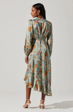 Floral Satin Wrap Long Sleeve Midi Dress -Sun Gaia Dresses Shop ADR101864 DUSTYBLUEMULTIFRL 6
