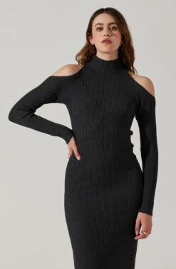 Cold Shoulder Mock Neck Midi Sweater Dress -Sun Gaia Dresses Shop ADR101869 CHARCOAL 3