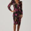 Floral Plunge Ruched Long Sleeve Midi Dress -Sun Gaia Dresses Shop ADR101911 MAGENTAMULTIFRL 1