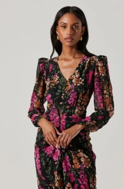 Floral Plunge Ruched Long Sleeve Midi Dress -Sun Gaia Dresses Shop ADR101911 MAGENTAMULTIFRL 2