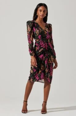 Floral Plunge Ruched Long Sleeve Midi Dress -Sun Gaia Dresses Shop ADR101911 MAGENTAMULTIFRL 3
