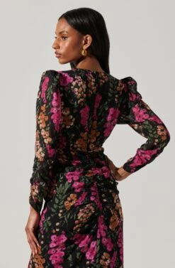 Floral Plunge Ruched Long Sleeve Midi Dress -Sun Gaia Dresses Shop ADR101911 MAGENTAMULTIFRL 5
