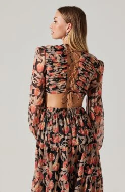 Floral Lace Back Long Sleeve Maxi Dress -Sun Gaia Dresses Shop ADR102039 ORANGEBLACKFLORAL 2