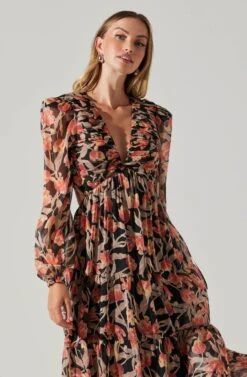 Floral Lace Back Long Sleeve Maxi Dress -Sun Gaia Dresses Shop ADR102039 ORANGEBLACKFLORAL 5