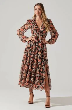 Floral Lace Back Long Sleeve Maxi Dress -Sun Gaia Dresses Shop ADR102039 ORANGEBLACKFLORAL 6