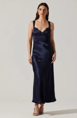 Aeris Satin Lace Trim Maxi Dress 28 Aeris Satin Lace Trim Maxi Dress -Sun Gaia Dresses Shop ADR102254 NAVY 1