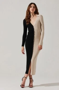 Two Toned Long Sleeve Midi Sweater Dress -Sun Gaia Dresses Shop ALD45112 FCI BLACKCONTRAST 2