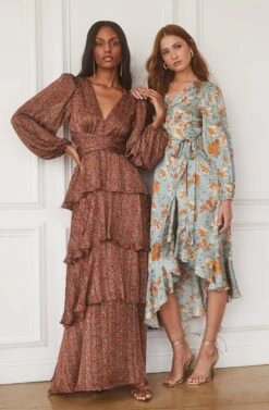 Floral Satin Wrap Long Sleeve Midi Dress -Sun Gaia Dresses Shop ASTR FALL23 ASSETS 1268