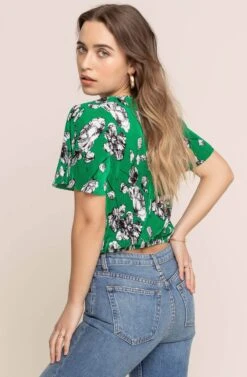 Short Sleeve Crinkle Wrap Top -Sun Gaia Dresses Shop AT13629 GREEN FLORAL 4A