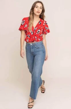 Short Sleeve Crinkle Wrap Top -Sun Gaia Dresses Shop AT13629 RED FLORAL 1A