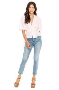 Pleated Front V Neck Top -Sun Gaia Dresses Shop AT13955 PINK ROSEWATER 01