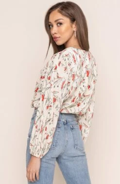 Pleated Surplice Floral Long Sleeve Top -Sun Gaia Dresses Shop AT15081B IVO CORAL SKETCH FL 5B