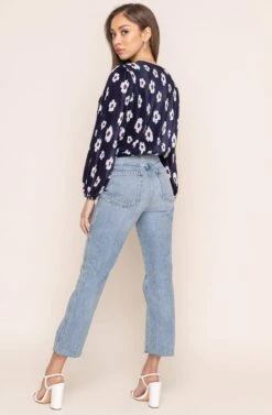 Pleated Surplice Floral Long Sleeve Top -Sun Gaia Dresses Shop AT15081B NAVY RED FLORAL 3AA