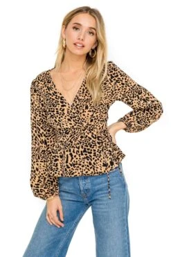 Long Sleeve Wrap Front Tie Leopard