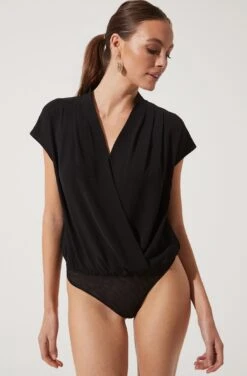 Short Sleeve Wrap Front Bodysuit -Sun Gaia Dresses Shop AT16196 BLACK 944