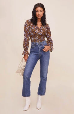 Long Sleeve Smocked Waist Surplice Top 23 Long Sleeve Smocked Waist Surplice Top -Sun Gaia Dresses Shop AT16307 BROWNBLUEFLORAL 1